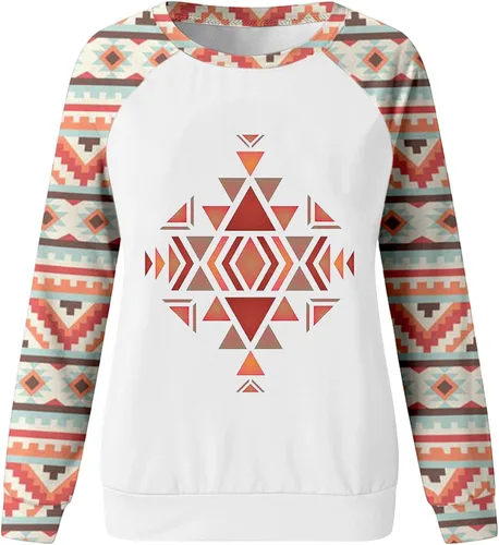 Vista 3 de Womens Fall Shirts Pullover Tops Casual Round Neck Aztec Printed Raglan Long Sleeve Sweatshirt Loose Graphic Tees