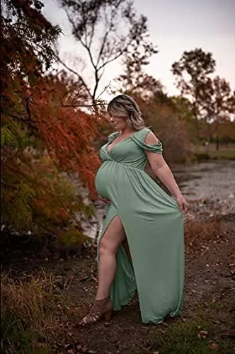 Vista 7 de VSNOW Vestido de maternidad para sesión de fotos hombros descubiertos manga caída vestido de accesorio de fotos vestido dividido maxi vestidos