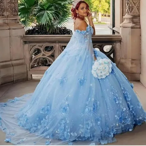 Vista 2 de Asulla Precioso vestido de quinceañera de flores 3D con capa desmontable fuera del hombro vestido de bola para dulces 16 fiesta 15 años