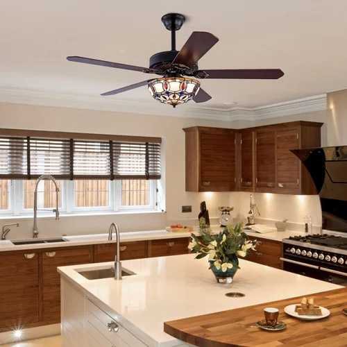 Vista 3 de Ventilador de techo Tiffany de 52 pulgadas con luces y control remoto, ventiladores de techo tradicionales de madera de perfil bajo, ventilador