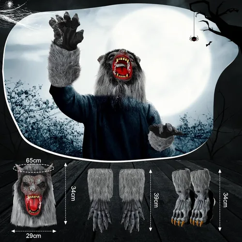 Vista 2 de ramede 3 piezas de disfraz de hombre lobo para Halloween, máscara de cabeza de lobo para adultos, guantes de garras, guantes de hombre lobo