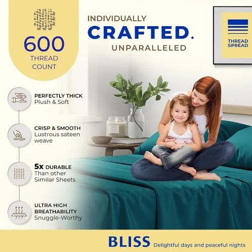 Vista 2 de THREAD SPREAD Juego de sábanas 100% de algodón egipcio tamaño Queen – Juego de sábanas de 4 piezas de 600 hilos de algodón egipcio para cama