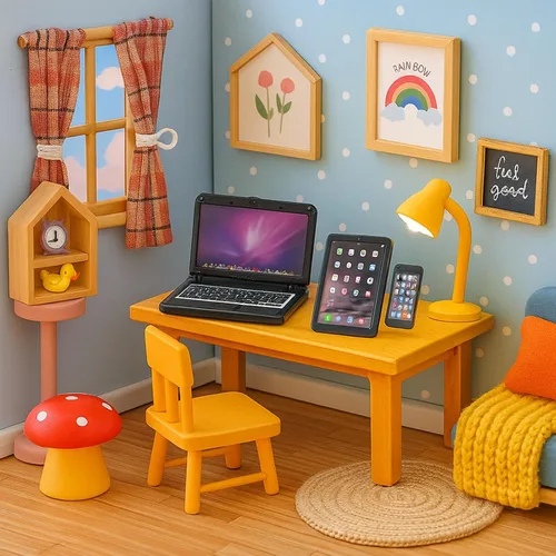 Vista 6 de Juego de 3 piezas de casa de muñecas en miniatura negro con tableta portátil de metal y teléfono inteligente para escala 1/6 1/12, muebles de casa