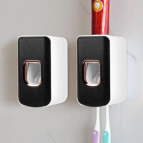 Vista 24 de Soporte de plástico para cepillos de dientes de 2 ranuras y dispensador de pasta de dientes montado en la pared, exprimidor automático de pasta