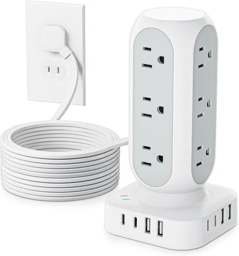 Vista 14 de Regleta de alimentación con protector de sobretensiones en torre, 12 salidas de CA y 8 puertos USB, cable de extensión de enchufe plano de 5 pies