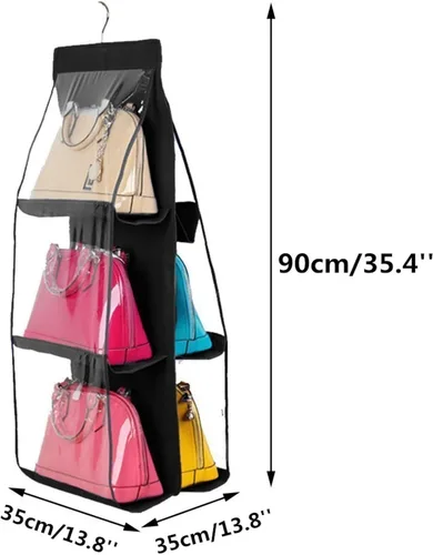 Vista 2 de HAN SHENG Organizador colgante de 6 bolsillos transparente para bolsos y monederos - Estante colgante para ahorrar espacio para clóset, armario