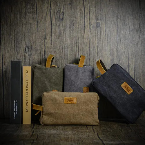 Vista 3 de Neceser personalizado para hombres, kit de aseo personalizado de lona para afeitar, bolsa de aseo grabada con láser, kit de lona de cuero