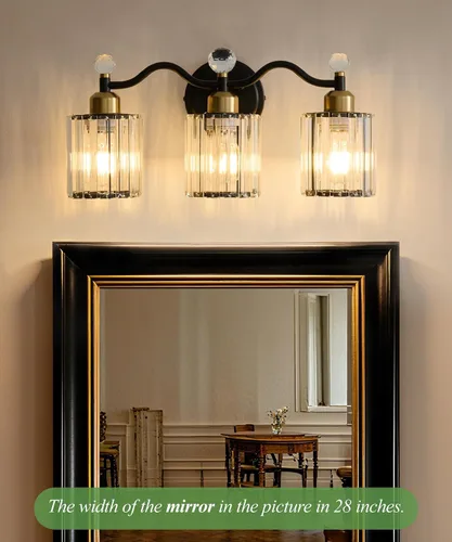 Vista 9 de Moderna lámpara de cristal para tocador de baño, 3 luces negras y doradas, lámparas de tocador sobre espejo, lámpara de pared de vidrio
