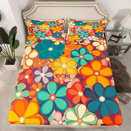 Vista 2 de Erosebridal Groovy Flower Sábanas de Cama Fiesta de los 70s Juegos de Sábanas Tamaño Individual Sábanas Florales Arcoíris Juegos de Sábanas y Fundas