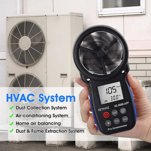 Vista 5 de Anemómetro digital Bluetooth, medidor de velocidad de viento de mano Kethvoz con registrador de datos, velocidad de flujo de aire de 0.3 ~ 98.4 ft/s