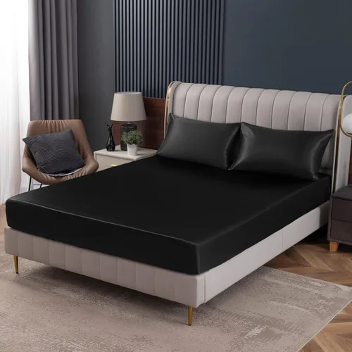 Vista 22 de Homiest Sábana bajera ajustable de satén azul bebé, tamaño individual, bolsillo profundo, ropa de cama lujosa y ultrasuave
