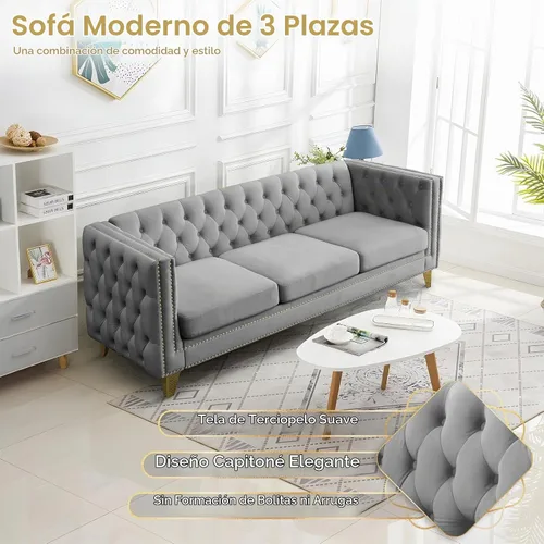 Vista 4 de Sofá de terciopelo de 3 plazas, cómodos sofás para sala de estar, sofá moderno con respaldo copetudo y decoración de remaches, sofá largo tapizado
