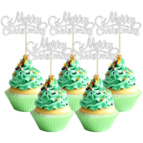 Vista 30 de Gyufise 24 piezas Adornos de pastel para revelación de género de Navidad con purpurina, sombrero navideño de Navidad, adorno de pastel de él o ella