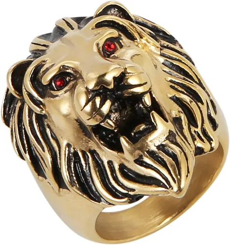 Vista 3 de HZMAN Anillo vintage de acero inoxidable 316L para hombre, diseño de león, ojos rojos, metal pesado, rock, estilo punk, gótico, plateado, dorado