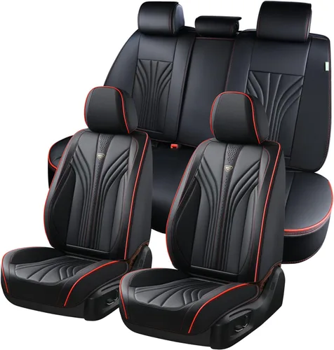 Vista 12 de FLORICH Juego completo de fundas para asiento de coche, fundas de asiento de cuero, fundas universales de lujo para 5 asientos en color negro