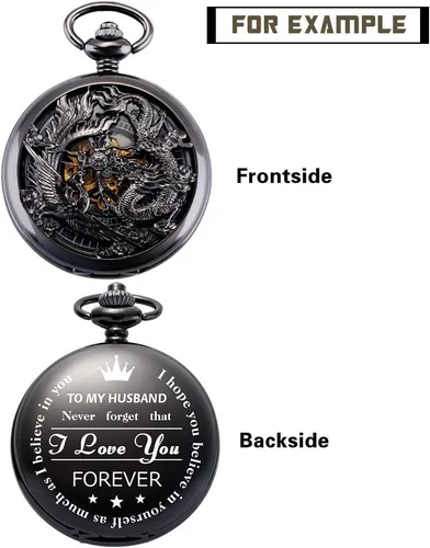 Vista 2 de ManChDa Relojes mecánicos de bolsillo grabados con esqueleto de doble cubierta con números romanos, esfera personalizada con caja y cadena