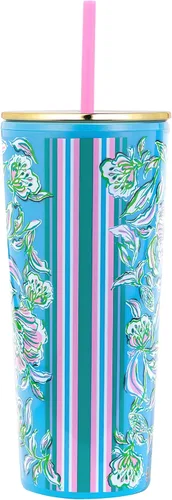 Vista 5 de Lilly Pulitzer Vaso de doble pared con tapa y popote reutilizable, vaso de viaje aislado con capacidad para 24 onzas, cereza amarena