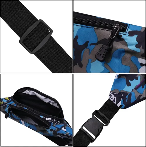 Vista 7 de AIBEARTY Riñonera para niños pequeños, de camuflaje, con correa ajustable, para deportes, correr, campamento, viajes, B-AZUL