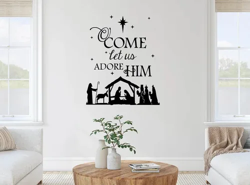 Vista 3 de Vinilo adhesivo de pared con texto en inglés "Come Let Us Adore Him with Nativity", para sala de estar, dormitorio, Navidad, versículo bíblico, Negro
