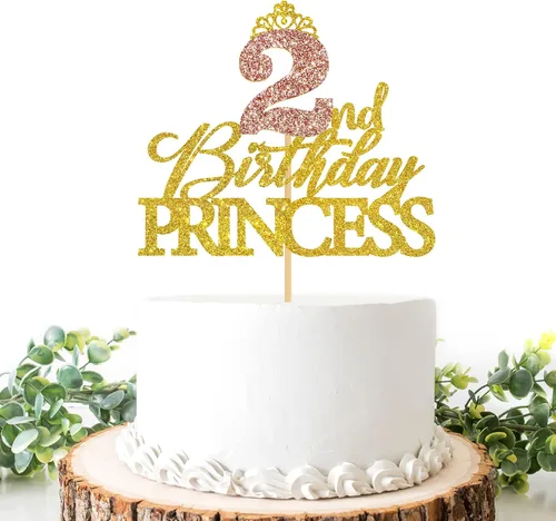 Vista 12 de Decoración de princesa para pastel de primer cumpleaños, letrero de corona brillante de oro rosa, palillos reutilizables para tartas para niñas