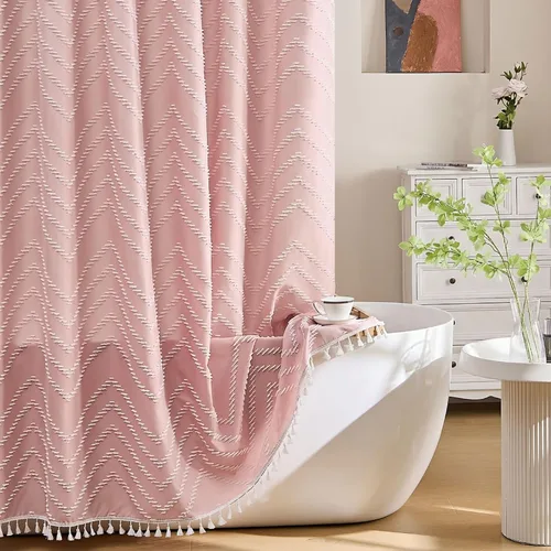 Vista 7 de Cortina de ducha Siiluminisoy de 36x72 beige, cortina de ducha de tela de tamaño pequeño, cortinas de ducha de tela con tufting, diseño chevron a