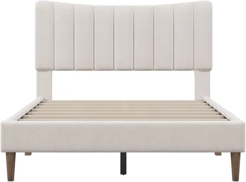 Vista 4 de Base de cama tapizada moderna de tamaño matrimonial con cabecera capitonada de canal vertical, base de cama de lino con plataforma completa
