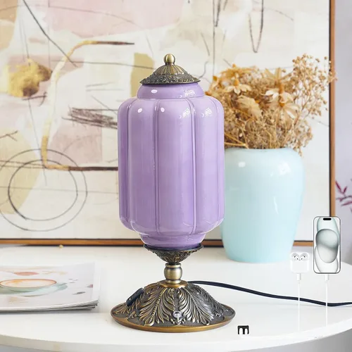 Vista 13 de Lámpara de mesa vintage de vidrio de leche con control táctil, elegante lámpara de noche de vidrio blanco regulable de 3 vías con puertos de carga