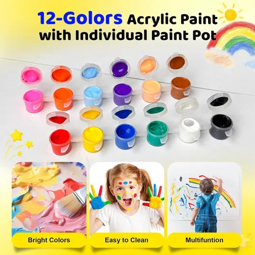 Vista 4 de Paquete de 25 mini pintura acrílica, 350 piezas de kit de pintura para niños, tiras de almacenamiento de tiras de 12 colores, tiras de pinturas