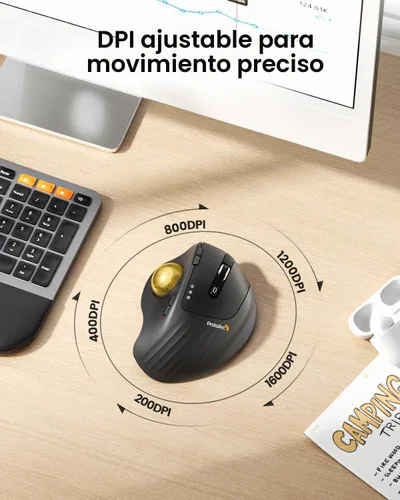 Vista 5 de ProtoArc EM01 NL - Ratón de Trackball inalámbrico, ergonómico Bluetooth Rollerball Pulgar, recargable, para computadora portátil, ángulo ajustable
