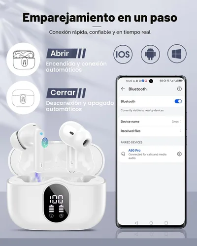 Vista 6 de Auriculares inalámbricos, Bluetooth 5.4 Auriculares estéreo y llamadas claras, color blanco Ear Buds with Noise Cancelling Mic LED Display in Ear
