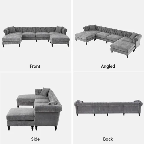 Vista 8 de ORRD Sofá Chesterfield en Forma de U, Sofá Seccional de Lino de Gran Tamaño, Sofá Chaise Otomano Tapizado con Acentos Capitoné con Reposabrazos