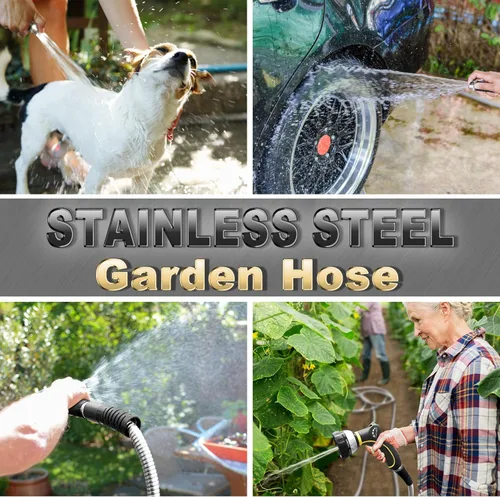 Vista 4 de TheFitLife - Manguera de jardín de metal flexible, diseño mejorado resistente a fugas y deshilachados, manguera de agua de acero inoxidable