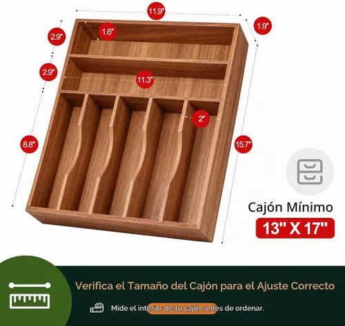 Vista 2 de Organizador de cubiertos de acacia de cocina, divisor de cajón ranurado extraprofundo, organizador de utensilios de 7 ranuras