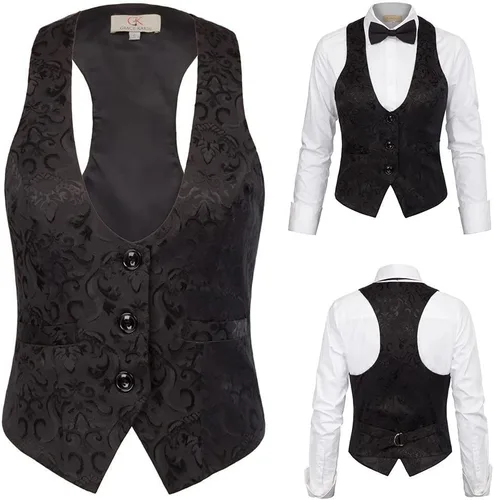 Vista 5 de GRACE KARIN Chaleco para mujer, estilo vintage, steampunk, con espalda cruzada, chaqueta jacquard