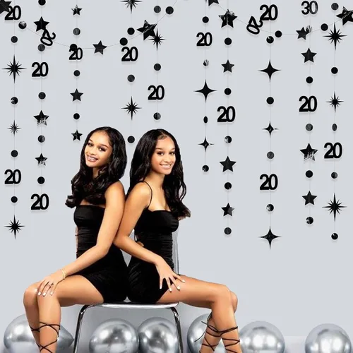 Vista 4 de Decoraciones negras de 20 cumpleaños número 20 círculo estrella metálica colgante serpentina telón de fondo para mujeres y hombres saludos a 20 años