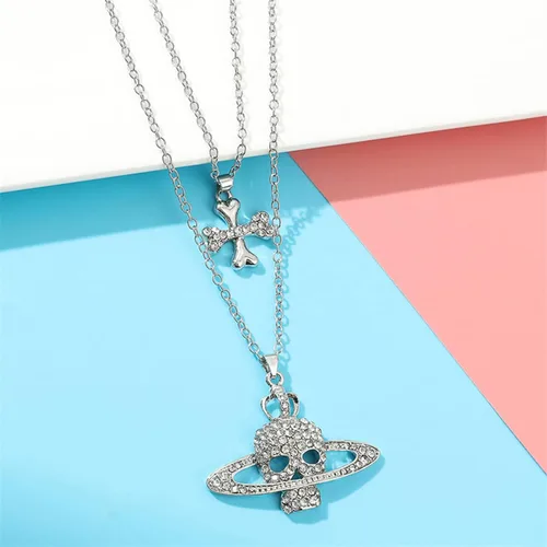 Vista 6 de Yumikoo Collar de planeta Saturno con calavera y corazón cruzado para mujeres y hombres
