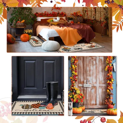 Vista 6 de Juego de 2 alfombras de cocina de calabaza de Acción de Gracias, tapete de cocina de otoño, tapete de calabaza a cuadros de otoño, tapete