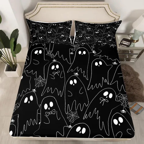 Vista 4 de Feelyou Juego de sábanas de fantasma negro para niños y niñas, tamaño individual, juego de sábanas de fantasma de calavera para niños, mujeres