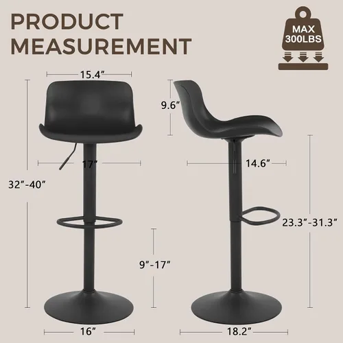 Vista 2 de LSSBOUGHT Taburetes de bar, taburetes de bar giratorios de altura de mostrador con respaldo de carcasa de plástico, sillas de bar ajustables, Negro