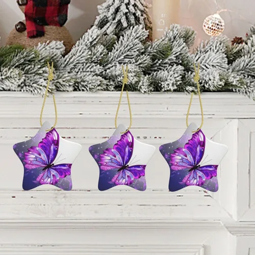 Vista 4 de Adornos de árbol de Navidad colgantes de mariposa morada, adornos de cerámica, decoración de porcelana de Navidad, adorno colgante para el hogar