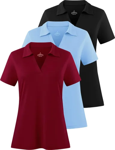 Vista 7 de Camisas polo con cuello en V para mujer, manga corta, cuello de golf Negro/Blanco/Gris