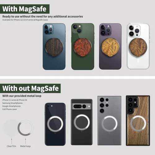 Vista 5 de Carveit Soporte magnético ajustable para teléfono con diseño de madera real para accesorios MagSafe, soporte de anillo de soporte de metal