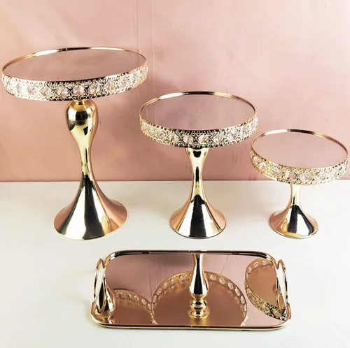 Vista 5 de Soporte redondo dorado de 8 pulgadas para tartas, soporte de pedestal de metal con cristales, plato de exhibición de quesos para bodas, fiestas