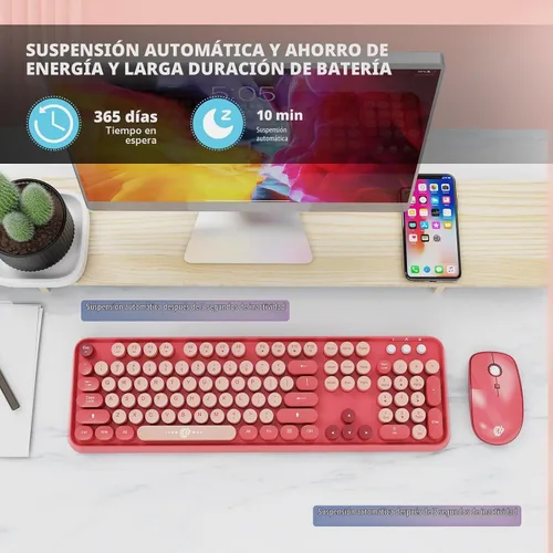 Vista 5 de Combo de teclado y ratón inalámbricos, teclado de máquina de escribir inalámbrico de tamaño completo de 2.4 GHz con teclas redondas para Windows