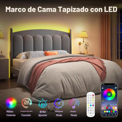 Vista 8 de CypBed Base de cama de tamaño matrimonial con luces LED de cabecero, cama matrimonial tapizada de terciopelo, cama matrimonial con plataforma