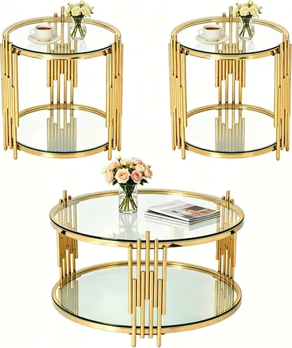 Vista 13 de SSLine Round 2-Tier Glass Coffee Table with Gold Stainless Steel Frame