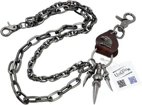 Vista 9 de Llavero de cuero con dije de águila afilada con doble garra, cadena de billetera de metal antiguo para motociclista