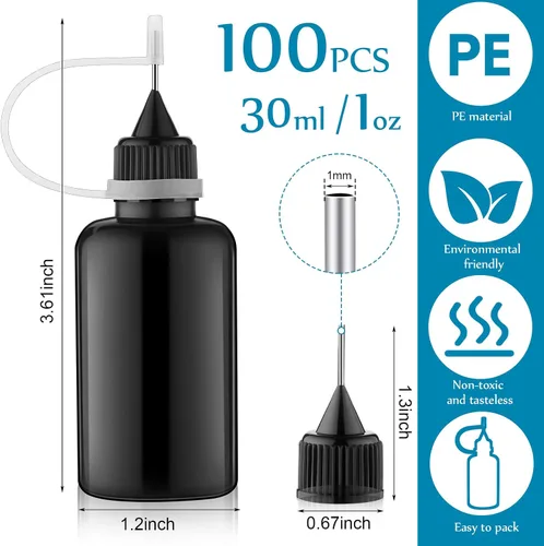Vista 2 de Zhehao 100 unidades de 1.0 fl oz/1 oz con punta de aguja negra con pegamento para botella, aplicador de punta de precisión, botella de plástico a