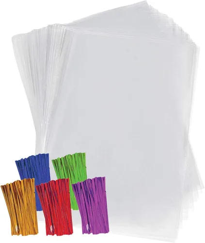 Vista 4 de Bolsas de celofán de plástico transparente de Purple Q Crafts con lazos de torsión de 4 pulgadas, coloreados para regalo o uso en fiestas