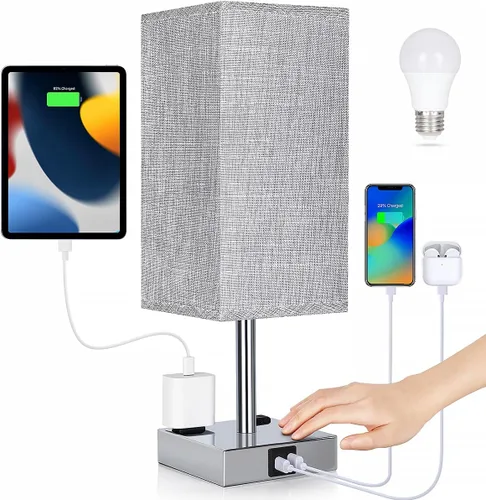 Vista 15 de Lámpara de noche con puertos USB - Lámpara de mesa de control táctil para dormitorio con puertos de carga USB C + A y salidas de AC, lámpara